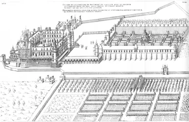 Grabado del primer volumen de los más excelentes edificios de Francia por Jacques I Androuet du Cerceau. Vista general lateral a vista de pájaro del Château de Gaillon